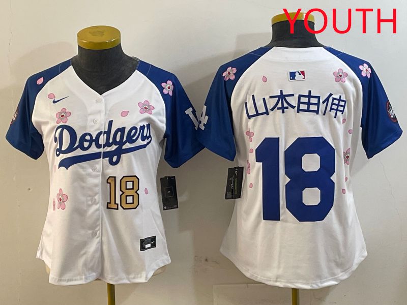 Youth Los Angeles Dodgers #18 Yamamoto White Blue Sakura Edition 2025 Nike MLB Jersey style 17->youth mlb jersey->Youth Jersey